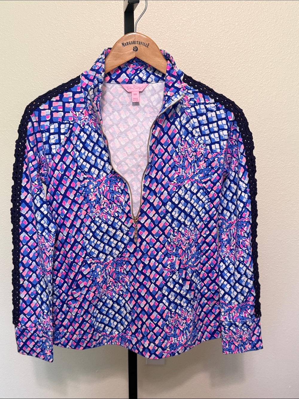 T)1. Lilly Pulitzer Navy, Pink & White Crochet-Trim Zip Pullover
